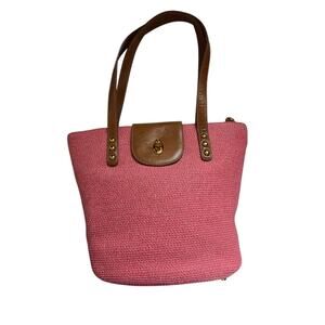 Eric Javits NY Pink Woven Handbag Green Lining Beachy Vacay Coastal Summer Boho